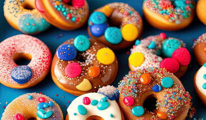 Fototapeta na wymiar professional food photography closeup of Various decorated moving doughnuts falling on blue background