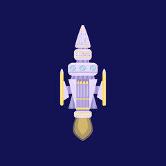 Purple military spaceship cartoon illustration. UFO spaceship, spacecraft, futuristic rocket isolated on blue background. Space, galaxy concept
