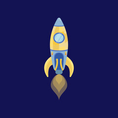 Retro yellow rocket ship cartoon illustration. UFO spaceship, spacecraft, futuristic rocket isolated on blue background. Space, galaxy concept