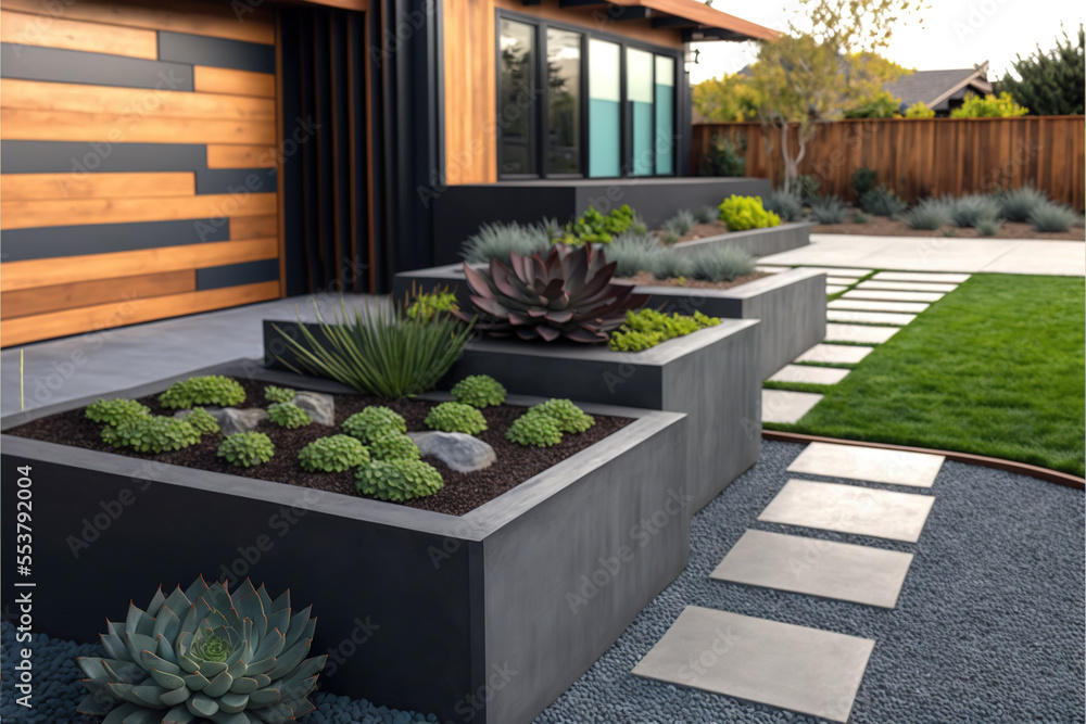 Wall mural industrial elegance concrete, steel, succulents, garden, front yard, rancher home, concrete pavers, 