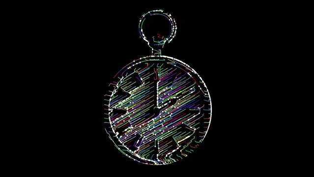 Looping footage with multicolored pocket watch isolated on black background. Illustration.