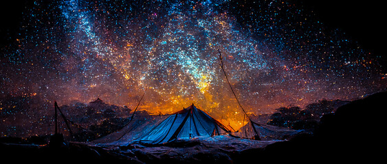 panorama tent in the mountains with milky way generative ai illustration