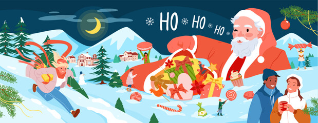 Cartoon tiny people open presents and surprise gifts from bag of Santa Claus in magic landscape, characters with candy and hot drink. Merry Christmas and Happy New Year banner vector illustration