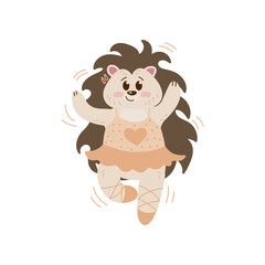 Baby hedgehog as fairy orange in tutu and pointe shoes in Scandinavian style. Cute animal ballerina character vector illustration. Ballet concept for birthday card or shirt designs for girls