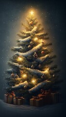 Christmas Tree vertical banner. Christmas tree lights and ornaments. Generative AI