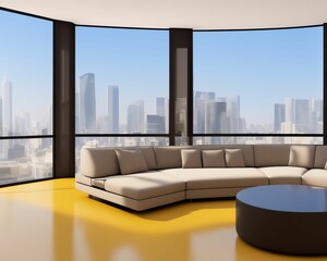 interior living room glass wall with sofa, 3D render