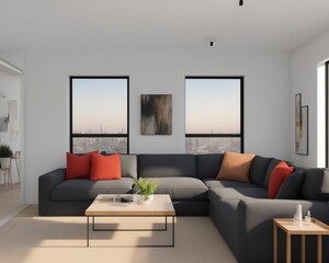 Interior of living room with white  wall and big windows in the background of  grey sofa standing near square coffee table 3d rendering