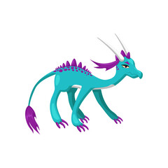 Fototapeta na wymiar Horned blue fairytale monster. Cute colorful baby dragon and dinosaur cartoon illustration. Reptiles, wild animal concept