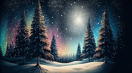 Pine trees forest landscape in the snow. Christmas background. Generative AI.