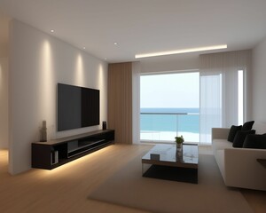 Living room with tv, sofa, balcony and white sofa