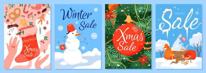 Cartoon cute bunny and snowman with percentage discount offer tag, burst of gifts from red stocking for social media story promotion. Winter sales card and banner templates set vector illustration