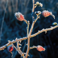 Bright red rose hips on their stems, covered in spikes of rime and frost, bright red against a muted winter undergrowth background.