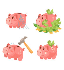 Sad piggybank cartoon character vector illustrations set. Comic piggy bank with cobweb, banknotes and coins, hammer, upset broken pig moneybox on white background. Finances, banking, debt concept