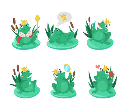 Comic frog with gold crown vector illustrations set. Green toad king cartoon character sitting or lying on leaf, looking at mirror or photo frame isolated on white background. Nature, wildlife concept