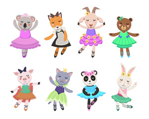 Obraz na płótnie Canvas Adorable animal ballerina characters vector illustrations set. Collection of cartoon drawings of comic koala, fox, goat, bear dancing in dresses isolated on white background. Ballet, fashion concept