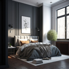 Modern master bedroom, black interior and design, large window, AI assisted finalized in Photoshop by me 
