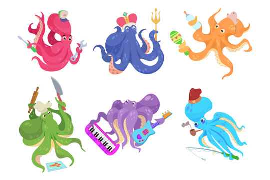 Different actions of comic octopuses vector illustrations set. Colorful sea creature cartoon characters with musical instruments, knife, wrench, trident on white background. Marine life concept