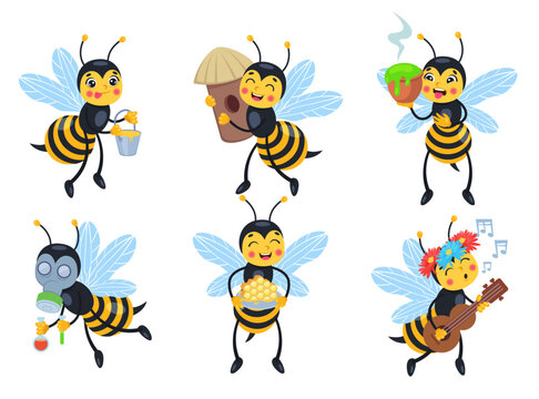 Different actions of comic honeybee vector illustrations set. Bee cartoon character with bucket of honey and honeycombs, playing guitar and singing on white background. Nature, emotions concept