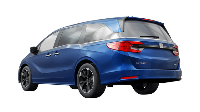 Dallas, USA. December 14, 2022. Blue Honda Odyssey Elite 2022 on a white background. Spacious family multifunctional family minivan. 3d rendering.