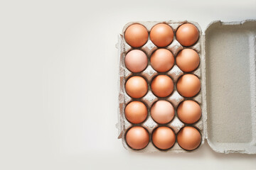 Eggs set. Many food protein. Colorful bright on background. Hard shadow. Easter sun box. Carton organic concept. Traditional cuisine top view. Flatlay