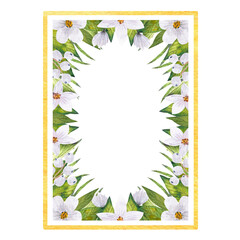 Watercolor hand drawn gold frame with the white flowers, berries and green leaves. Design for textile,  fabric, cards, banners, icons, posters, invitations. Also suitable for wedding.