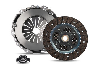 Set of manual transmission clutch repair kit parts isolated, on white background.