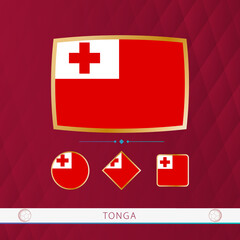 Set of Tonga flags with gold frame for use at sporting events on a burgundy abstract background.