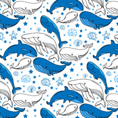 seamless pattern of blue whales with seashells and stars. Kids cloths, background, pattern, design, fabric. © Rina Design