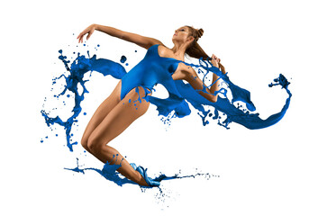 Ballerina or modern dancer in blue paint dancing on white
