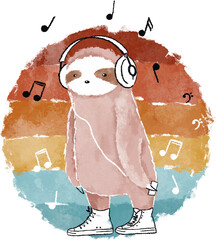 Cool sloth listening to the music in headphones illustration. Funny animals vintage illustration © Alesse