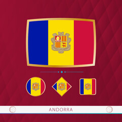 Set of Andorra flags with gold frame for use at sporting events on a burgundy abstract background.