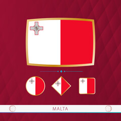 Set of Malta flags with gold frame for use at sporting events on a burgundy abstract background.