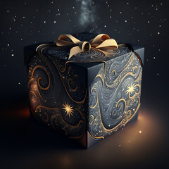 beautifully wrapped gift box, set against  backdrop of  dramatic, starry night sky. light of stars cast a gentle glow on the gift box, illuminating its intricate patterns, giving it otherworldly feel.