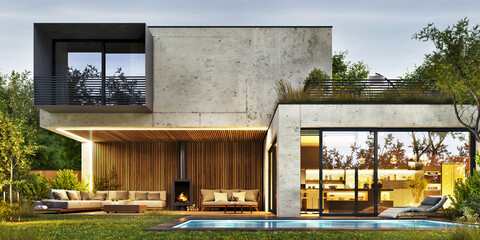 Evening view of modern house with swimming pool - 553801664