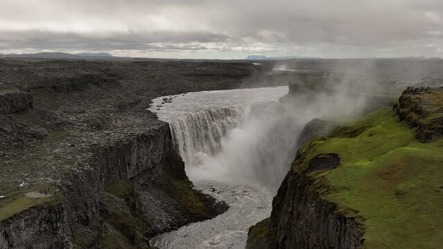 Amazing giant waterfall in Iceland Detifoss aerial slow motion