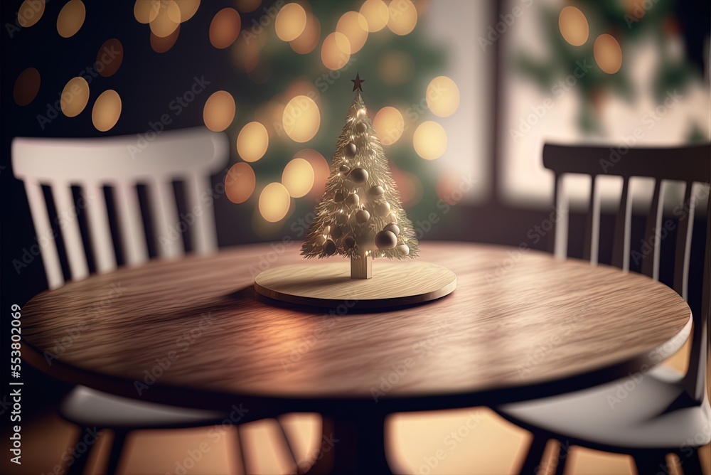 Poster image of a wooden table with a blurry christmas tree in the background generative ai