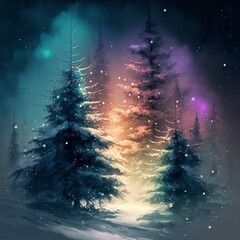 Pine trees with snow and multiple colors in the sky. Generative AI.