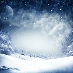 Snow landscape with the moon and sky. Christmas background. Generative AI.
