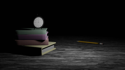 A black clock and a book pile on a gray wooden table (3D Rendering)