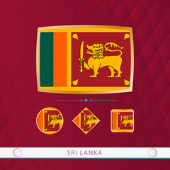 Set of Sri Lanka flags with gold frame for use at sporting events on a burgundy abstract background.