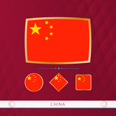 Set of China flags with gold frame for use at sporting events on a burgundy abstract background.