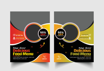 Food Flyer Design Template and restaurant menu, food ordering, junk food. Pizza, Burger, French fries and Soda. Vector illustration for banner, poster, flyer, cover, menu, brochure.