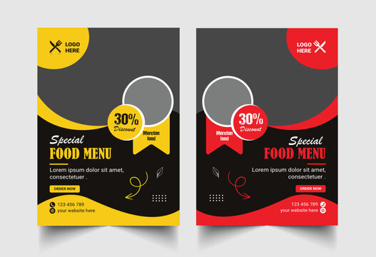 Food Flyer Design Template And Restaurant Menu, Food Ordering, Junk Food. Pizza, Burger, French Fries And Soda. Vector Illustration For Banner, Poster, Flyer, Cover, Menu, Brochure.