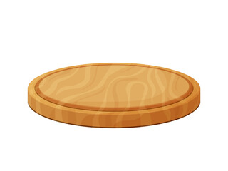 Round pizza cutting board. Wooden natural eco-friendly dish. Kitchenware comfortable wood utensil. Vector illustration isolated on white background