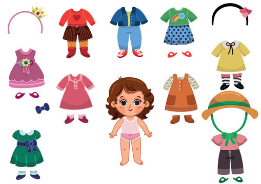 Dress up activity page with a little girl and her outfit set. Vector illustration for kids.