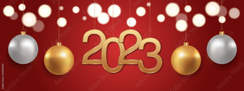 Poster happy new year 2023 background. golden numbers and christmas decoration with shiny lights in red bac