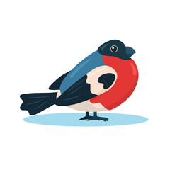 Funny flat bullfinch with red breast on white background. Vector cartoon illustration in bright colors. Square image of cute winter bird character with smile for holiday season greeting poster or card