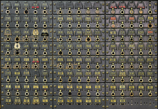 Closeup of antique vintage telephone switchboard