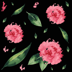 Vector seamless pattern with beautiful watercolor pink peonies and green leaves on a black background
