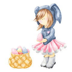 Watercolor children's Easter illustration of a girl with a basket of Easter eggs.Great for print, web, textile design and other creative ideas.